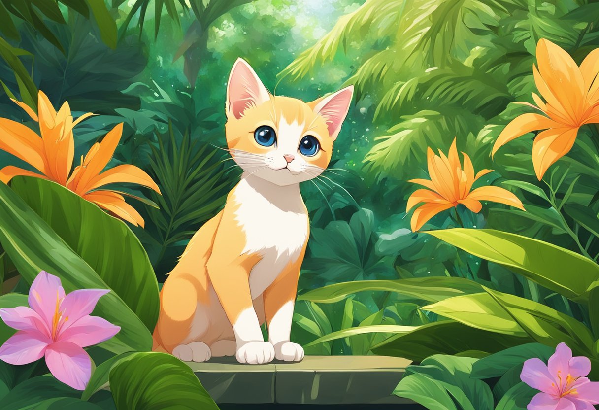 An orange Siamese kitten playing in a lush tropical garden, surrounded by exotic flowers and vibrant green foliage