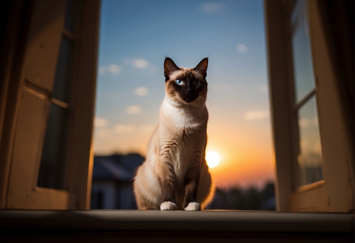 A regal Siamese cat perched on a windowsill, casting a striking silhouette against the backdrop of a glowing sunset