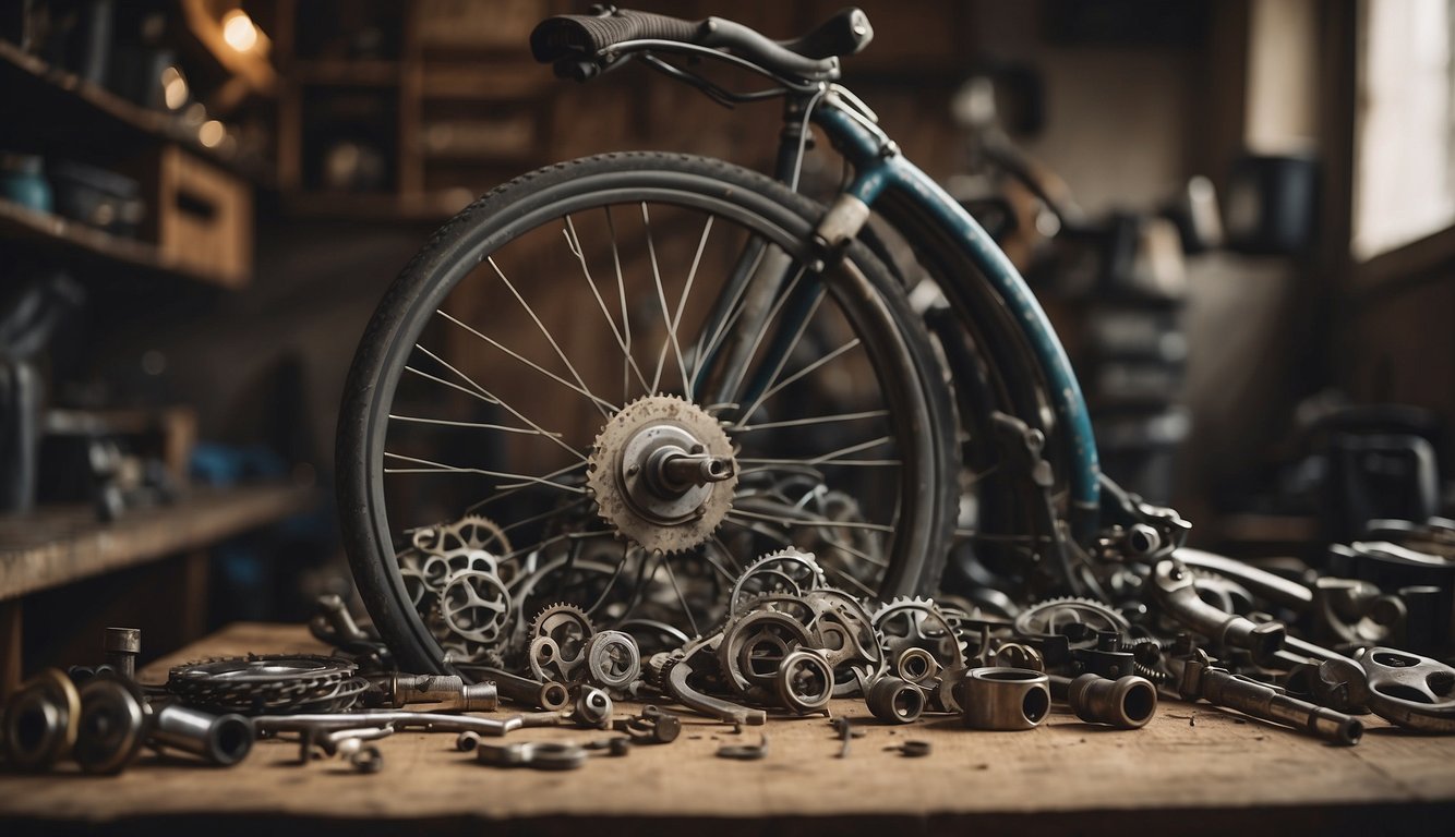 Old bicycle parts scattered on a workbench, with tools and a manual nearby. A person's hands are not present