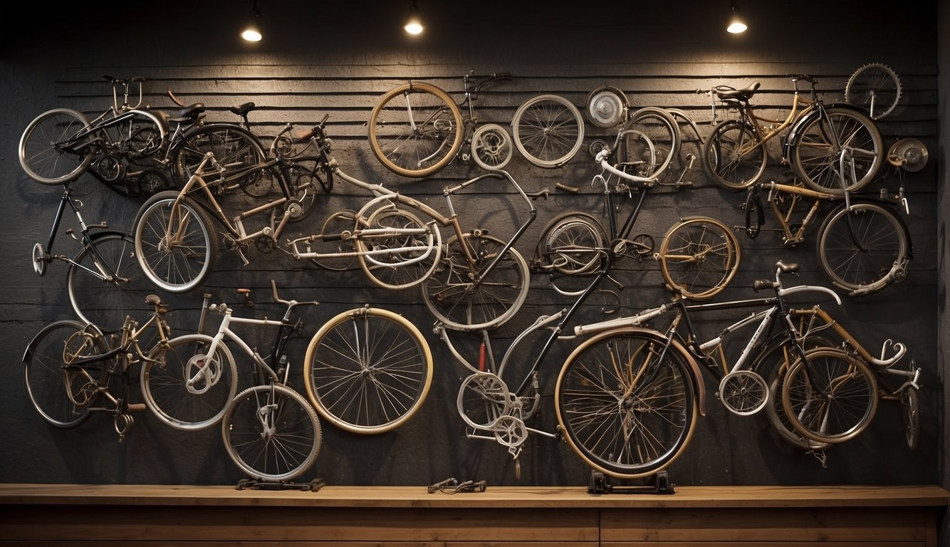 Old bicycle parts repurposed as a wall-mounted sculpture, with handlebars forming a unique coat rack and pedals as hooks for hanging items