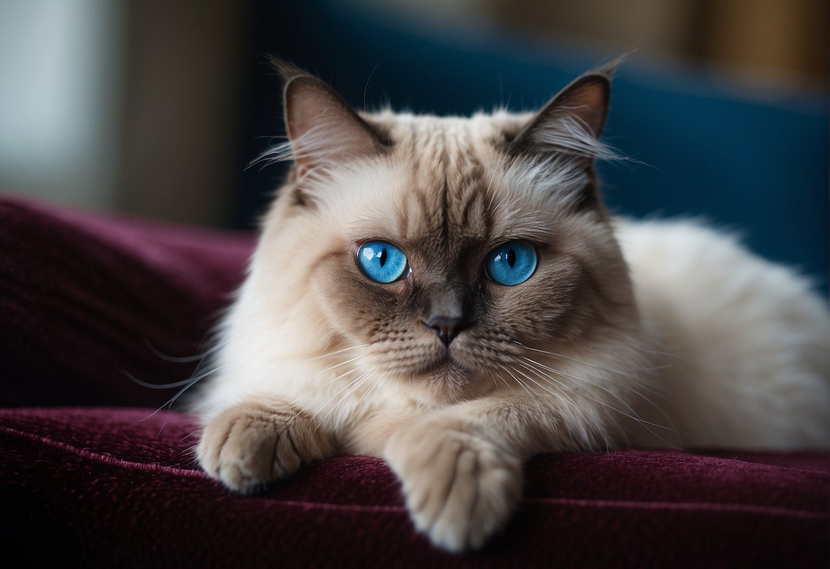 A Persian Siamese cat lounges elegantly on a plush velvet cushion, its piercing blue eyes exuding intelligence and curiosity