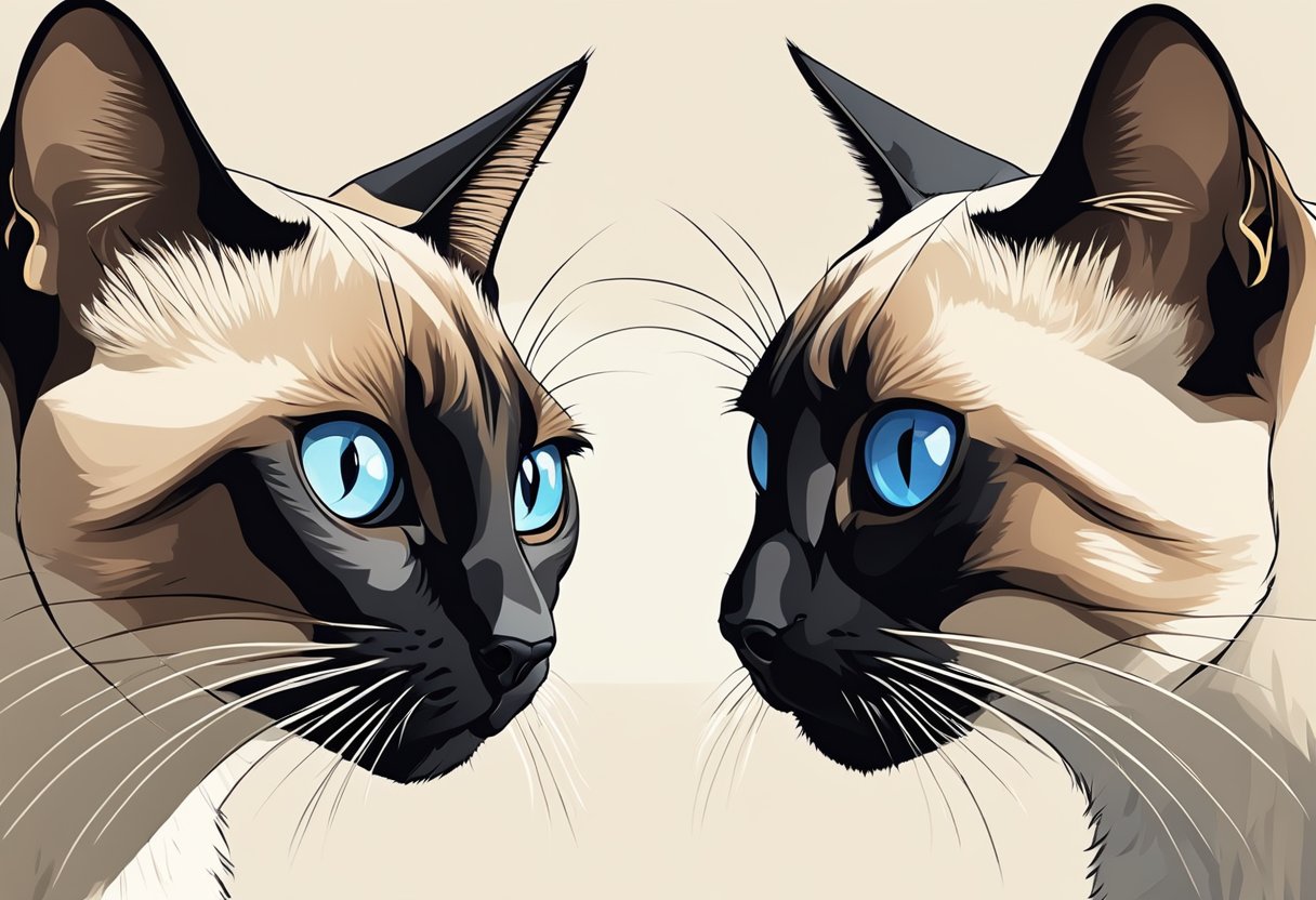 Two Siamese cats face off, tails puffed, eyes locked in a fierce stare-down. The male cat's ears are flattened, while the female cat arches her back defensively