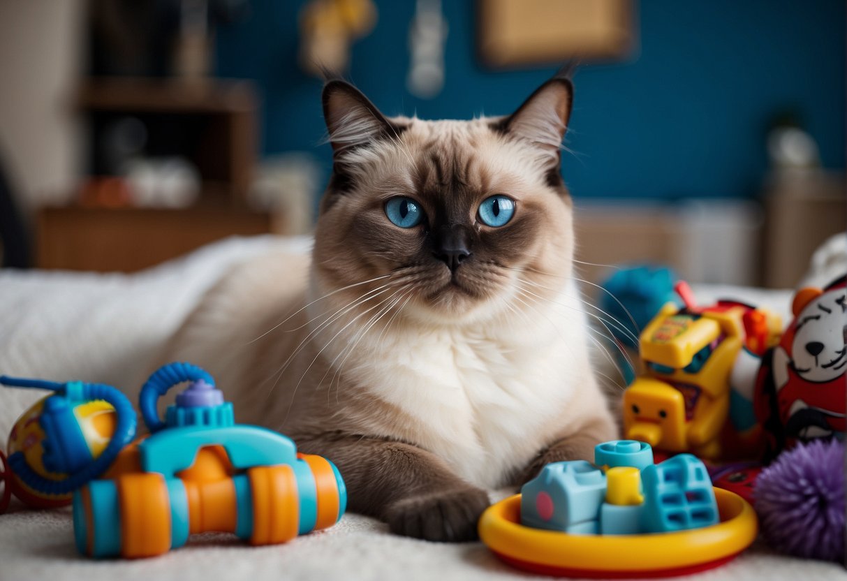 A sleek Persian Siamese cat lounges on a plush bed, surrounded by toys and grooming supplies. Its bright blue eyes convey alertness and intelligence