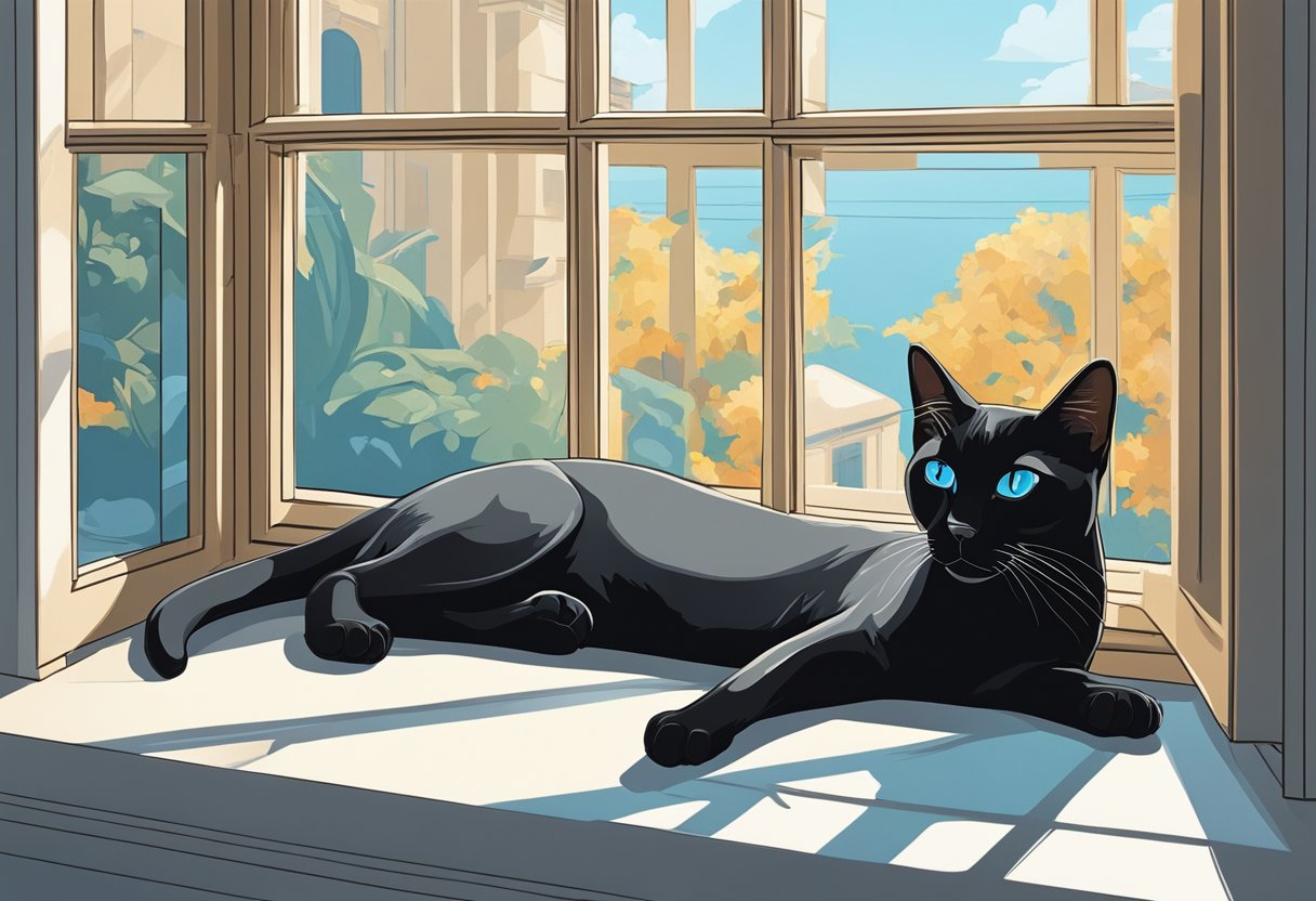 A sleek, mixed black Siamese cat lounges on a sun-drenched windowsill, its piercing blue eyes gazing out at the world beyond