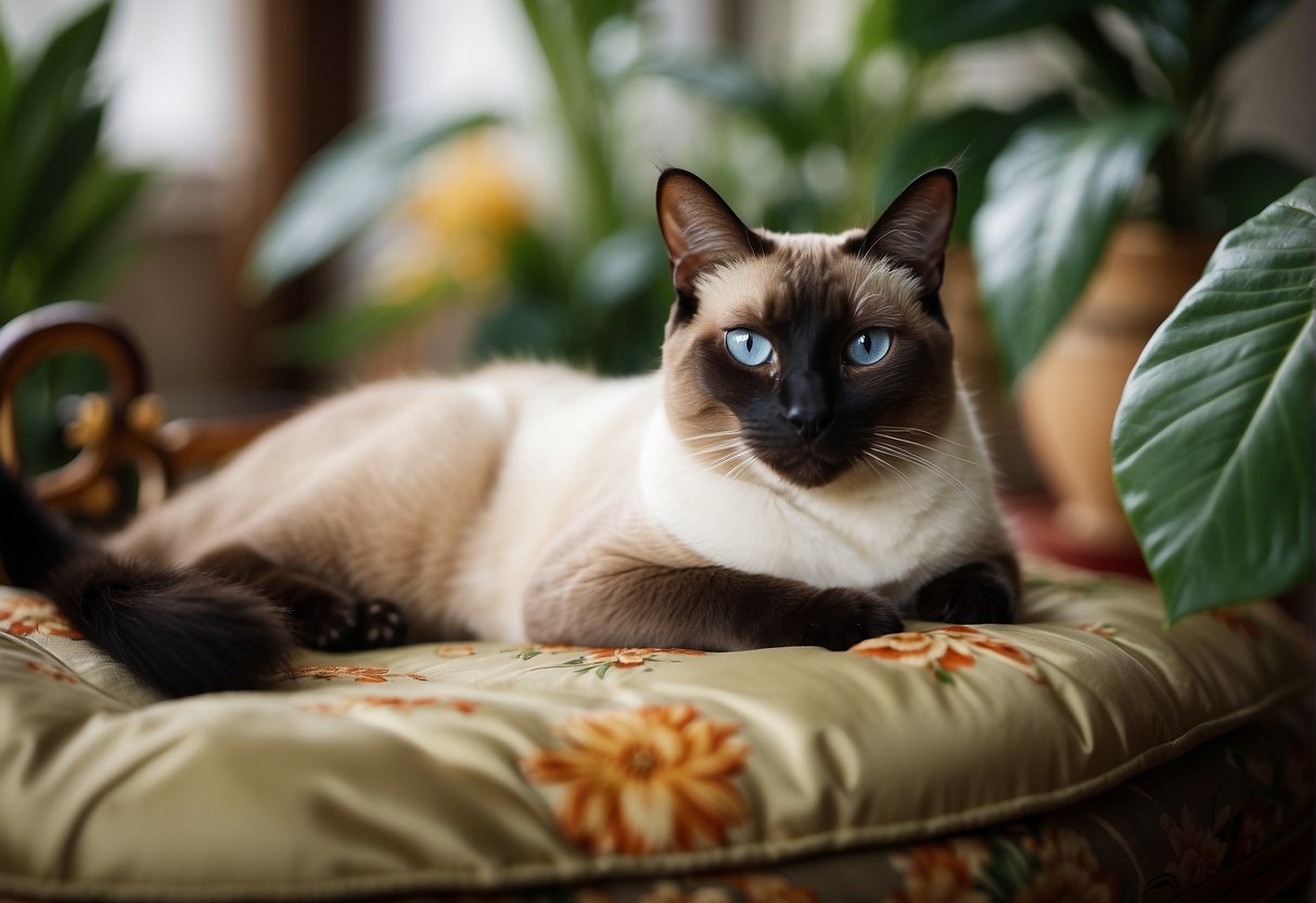 An elegant Siamese cat lounges on a silk cushion, surrounded by exotic plants and traditional Oriental decor
