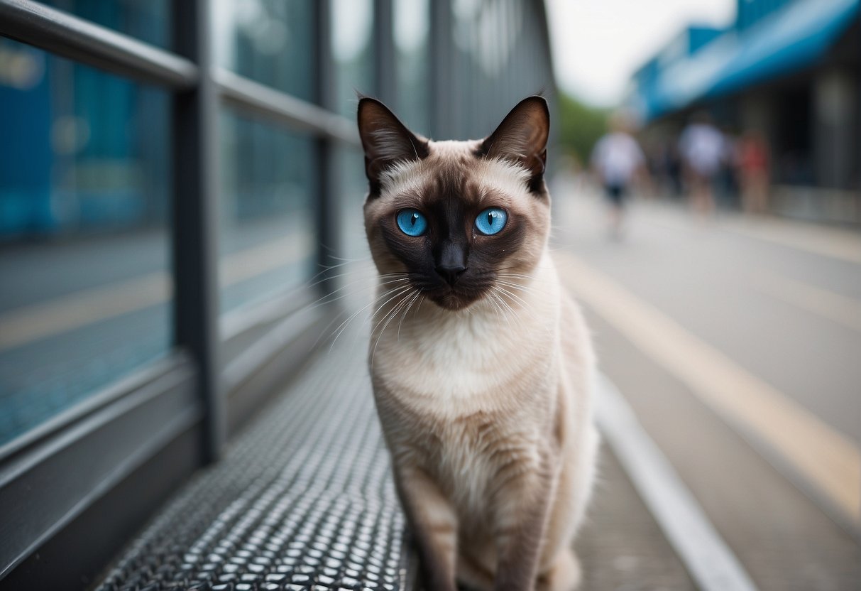 A sleek Siamese cat struts confidently along a narrow, elevated walkway. Its elegant posture and striking blue eyes capture the attention of onlookers