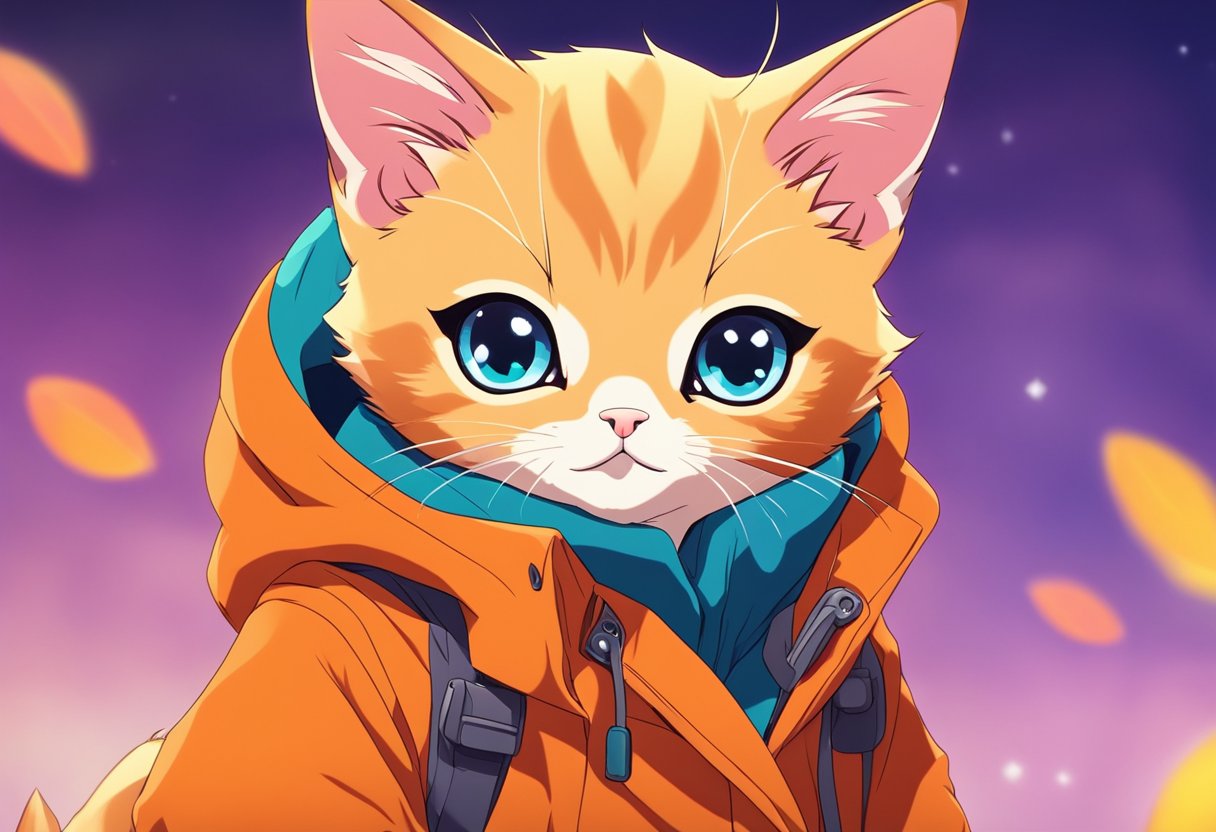 An orange Siamese kitten wearing a coat of vibrant colors