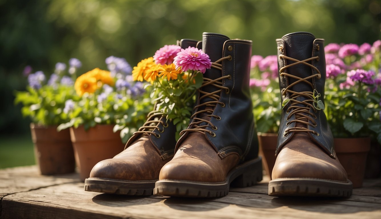 Old boots repurposed as planters, filled with colorful flowers. Placed in a rustic garden setting, surrounded by greenery and sunlight