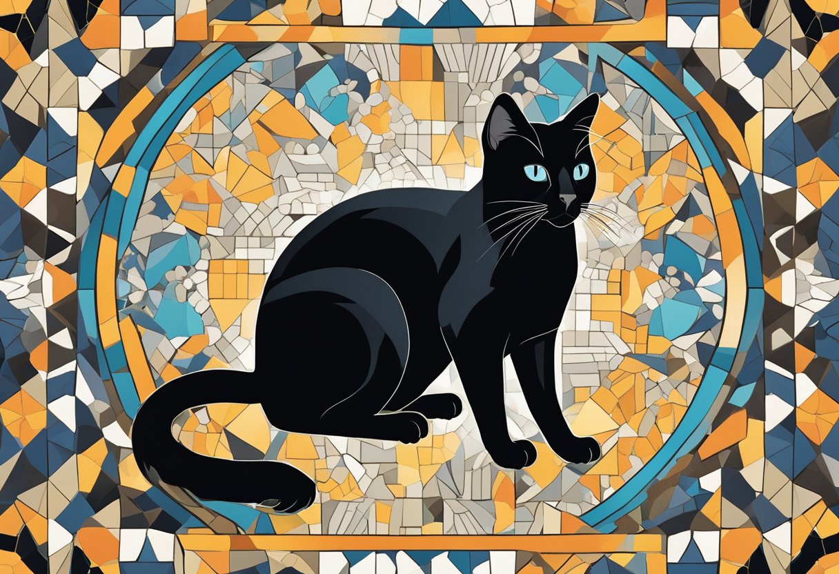 A black Siamese cat with mixed fur patterns sits in front of a mosaic of genetic symbols and patterns