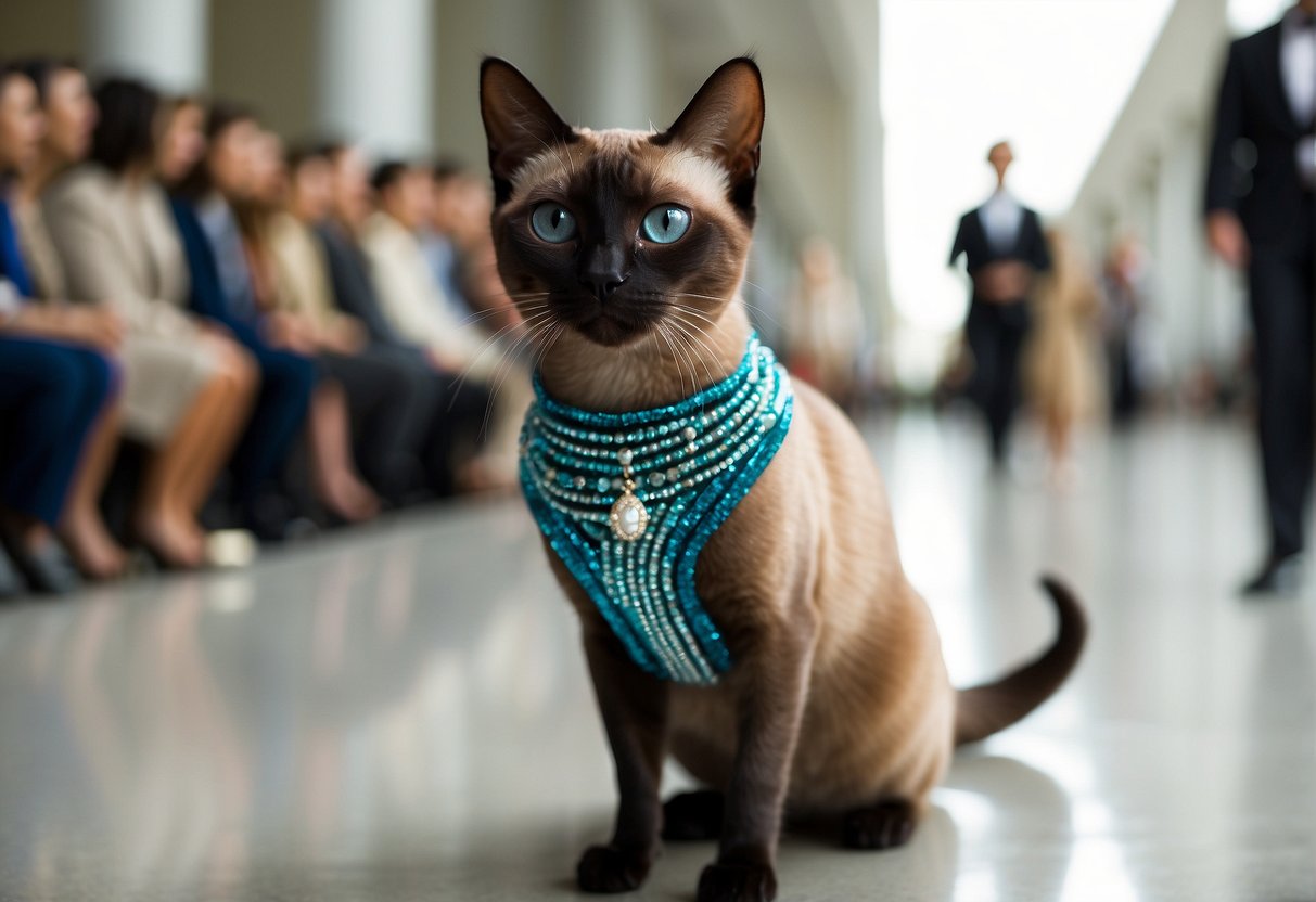 An elegant Oriental Siamese cat struts down a runway, showcasing stylish feline fashions and features