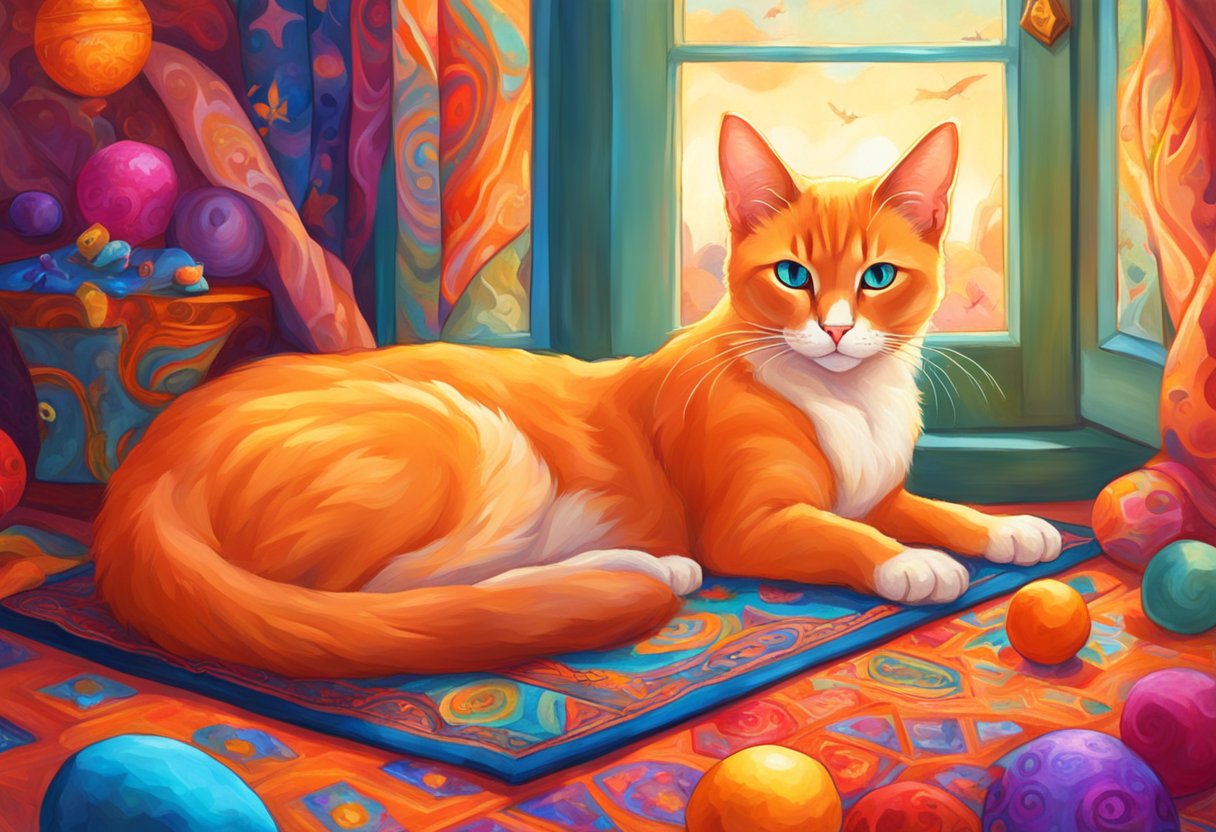 An orange Siamese cat lounges on a vibrant, patterned rug, surrounded by colorful toys and a cozy, sunlit window seat