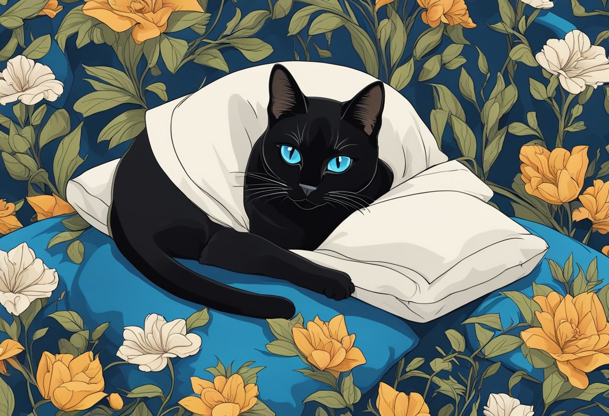 A sleek black Siamese cat with piercing blue eyes lounges on a velvet cushion, exuding a mix of elegance and mischief