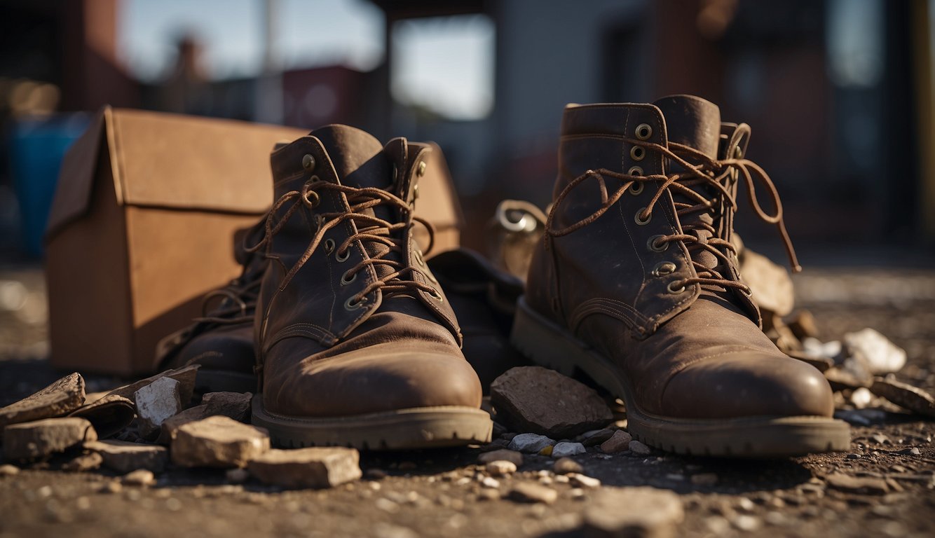 Old boots in a pile, some with holes, others in good condition. A donation box nearby, and a separate area for recycling