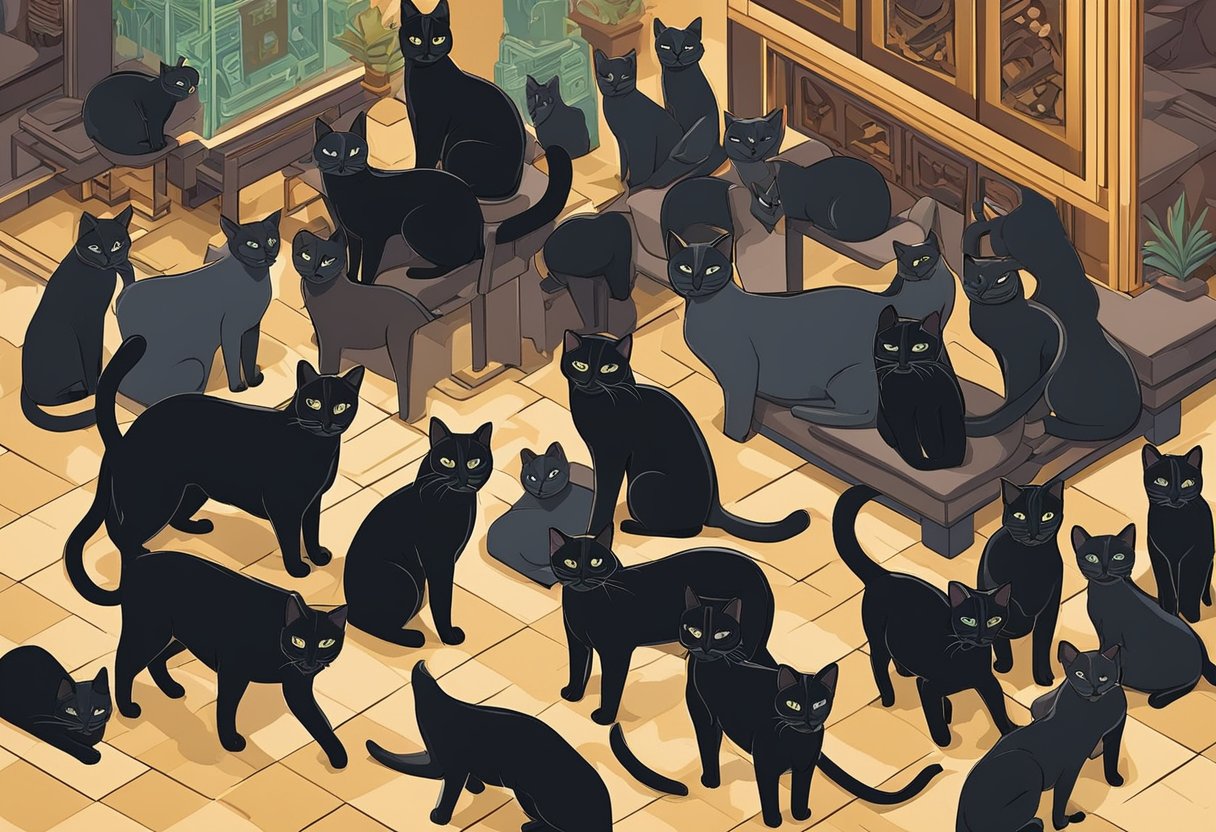 A group of mixed black Siamese cats gather in a club setting, showcasing their diverse cultural backgrounds and breeds