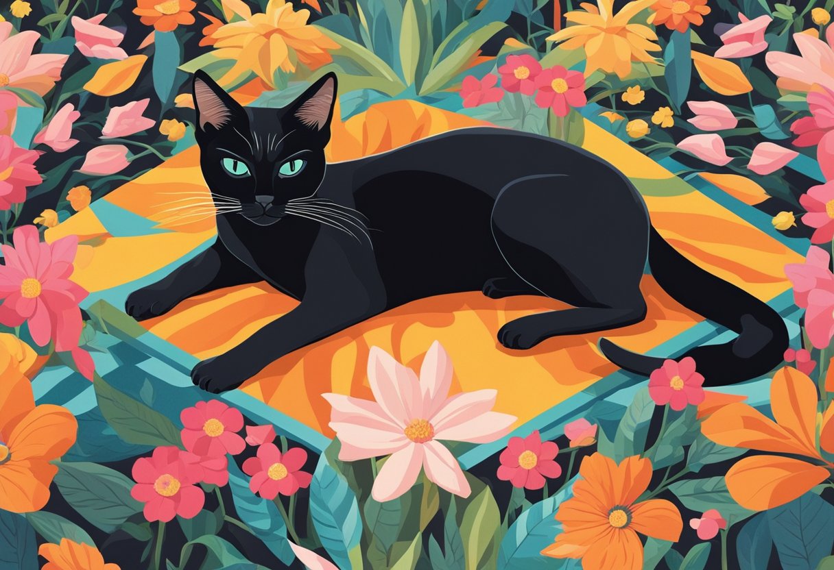 A sleek black Siamese cat lounges on a patterned rug, surrounded by colorful flowers and plants, with the sunlight streaming in through a window