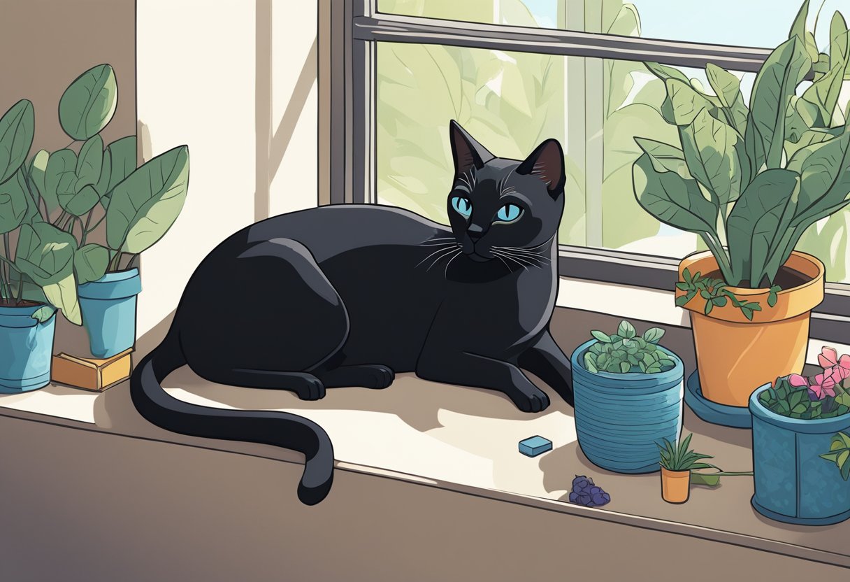 A sleek black Siamese cat lounges on a sunny windowsill, grooming its fur with meticulous care. The room is filled with plants and pet toys, creating a peaceful and nurturing environment