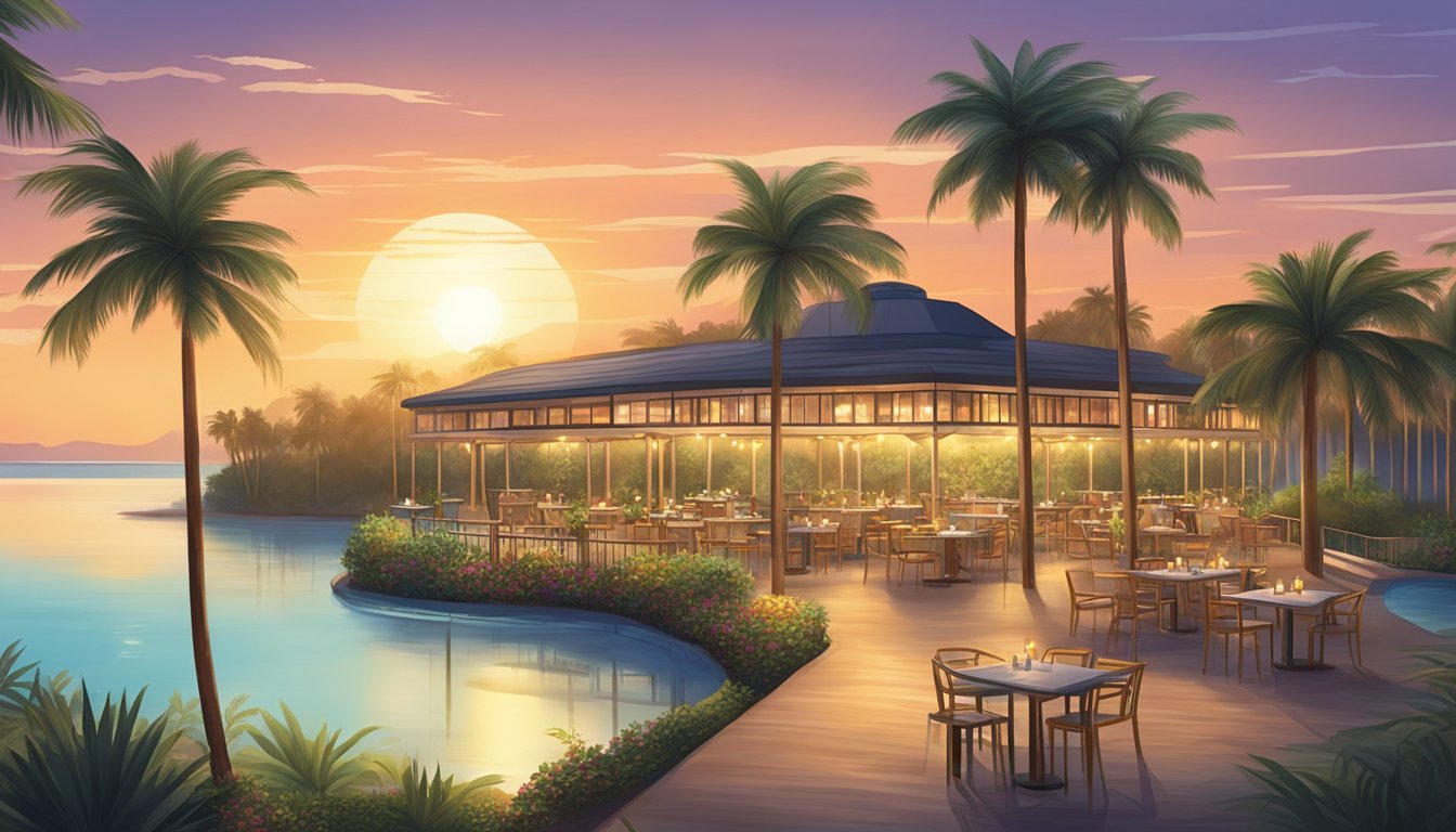 A waterside resort restaurant with outdoor seating, overlooking a tranquil lake or ocean. Palm trees and tropical plants line the perimeter, while the sun sets in the background