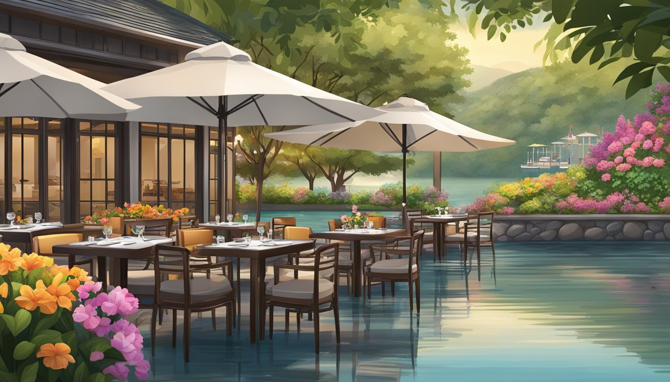A serene waterside resort restaurant with outdoor dining overlooking the calm waters, surrounded by lush greenery and colorful blooming flowers