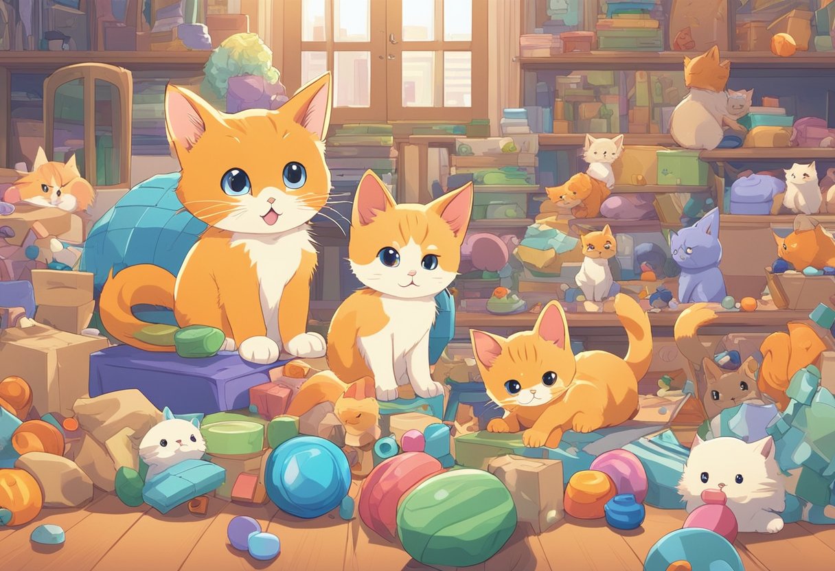An orange Siamese kitten plays with a group of other kittens in a lively social setting, surrounded by toys and colorful objects