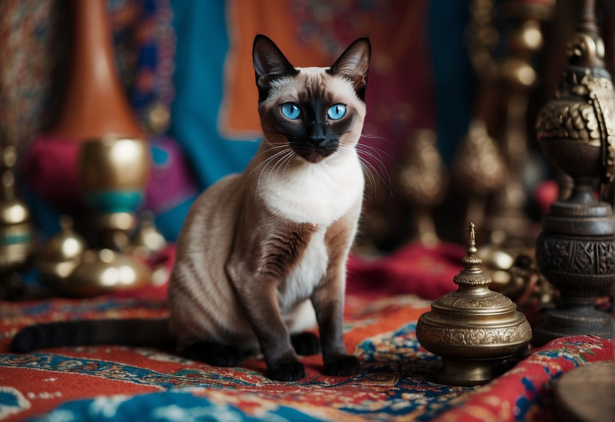 An Oriental Siamese cat perches on a colorful tapestry, surrounded by cultural artifacts and curiosities. The cat's piercing blue eyes and sleek, elegant form capture the essence of mystery and intrigue