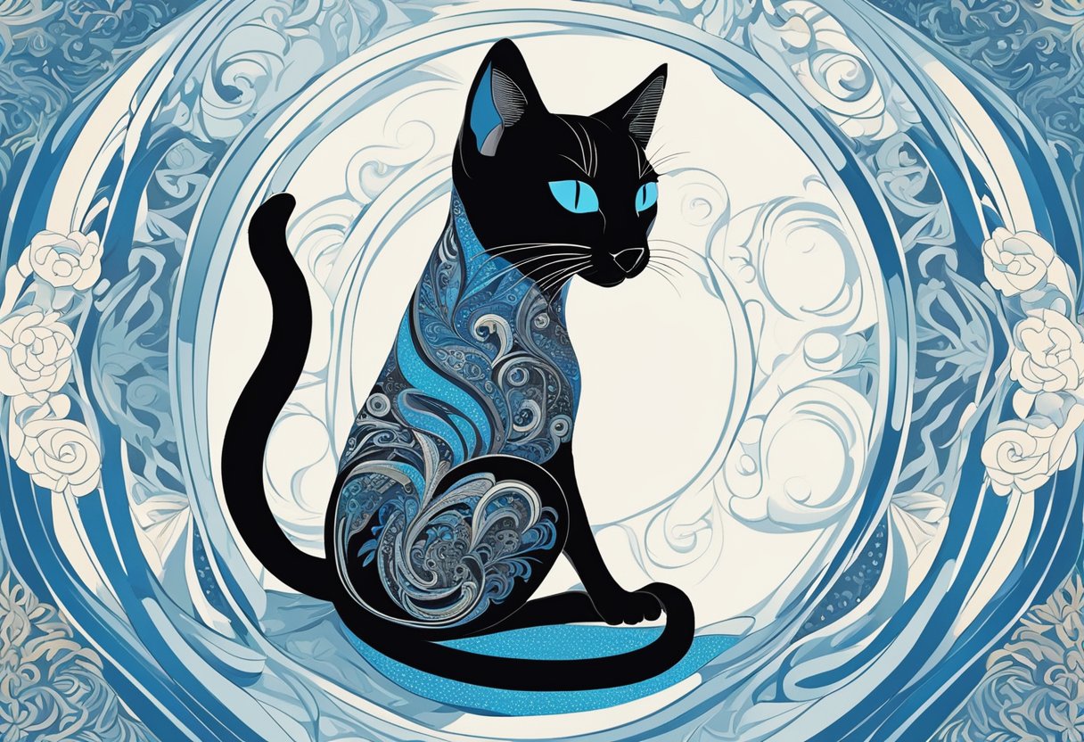 A sleek black Siamese cat with piercing blue eyes stretches gracefully against a backdrop of swirling kinetic patterns