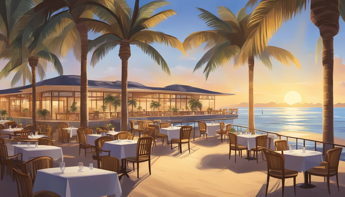The sun sets over a tranquil waterside resort restaurant, with palm trees casting long shadows on the sandy beach. The gentle lapping of the waves provides a soothing soundtrack to the scene