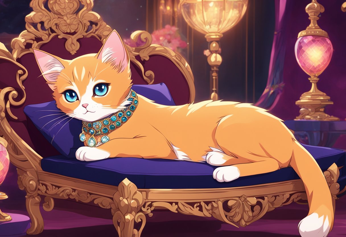 An orange Siamese kitten lounges on a luxurious velvet cushion, surrounded by elegant decor and adorned with a jeweled collar