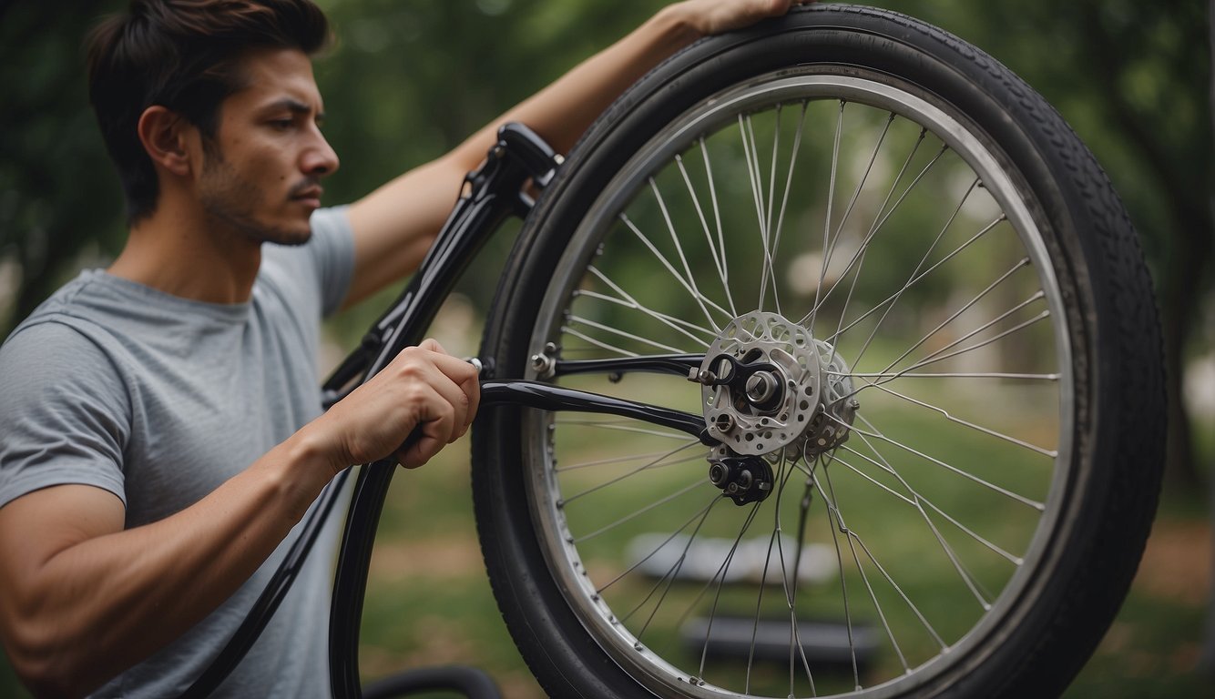 A person repurposes old bike rims into a creative art piece