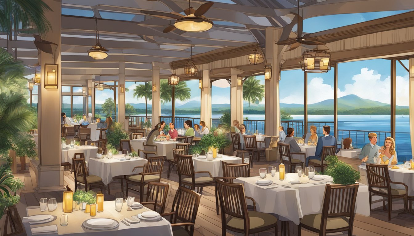 The waterside resort restaurant bustles with guests enjoying the serene view. The outdoor seating area overlooks the sparkling water, while the indoor space features elegant decor and a welcoming atmosphere