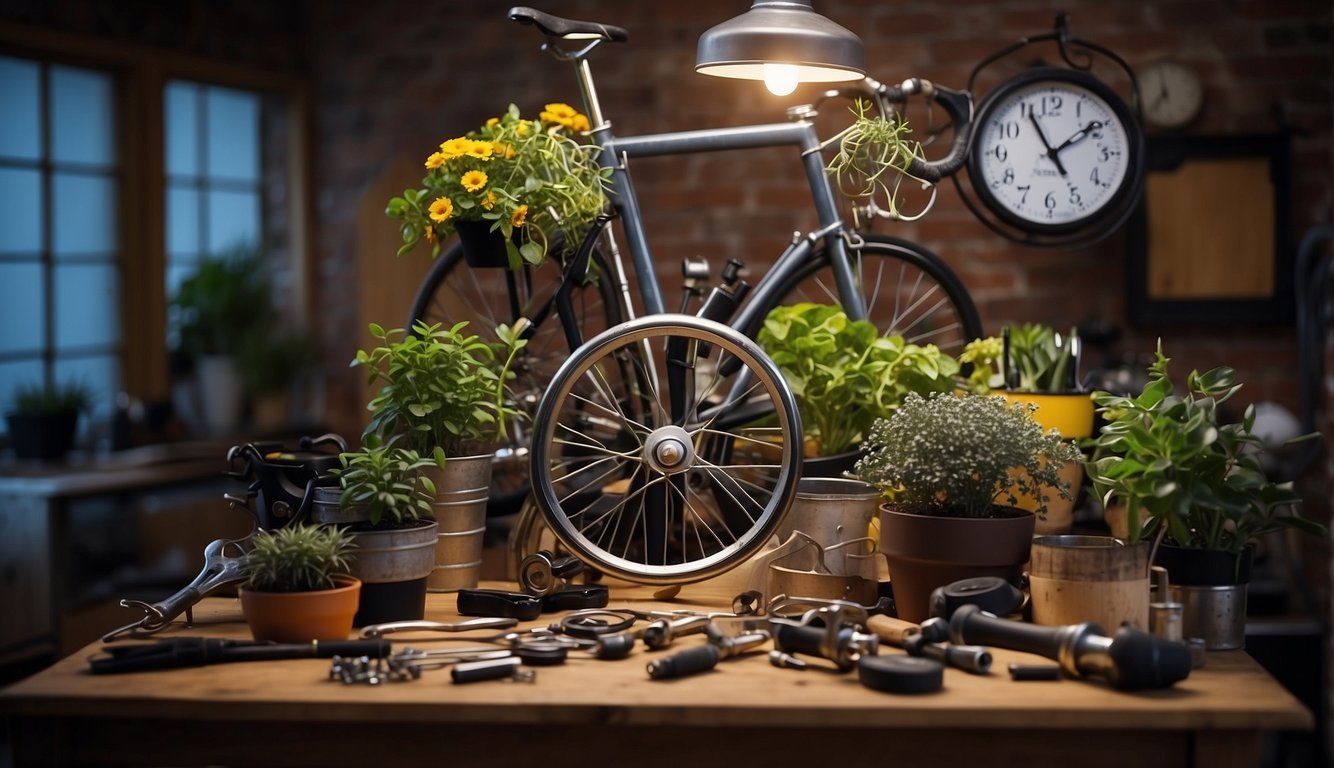 A table covered with tools, paints, and bike rims. A person repurposing the rims into a clock, a planter, and a chandelier