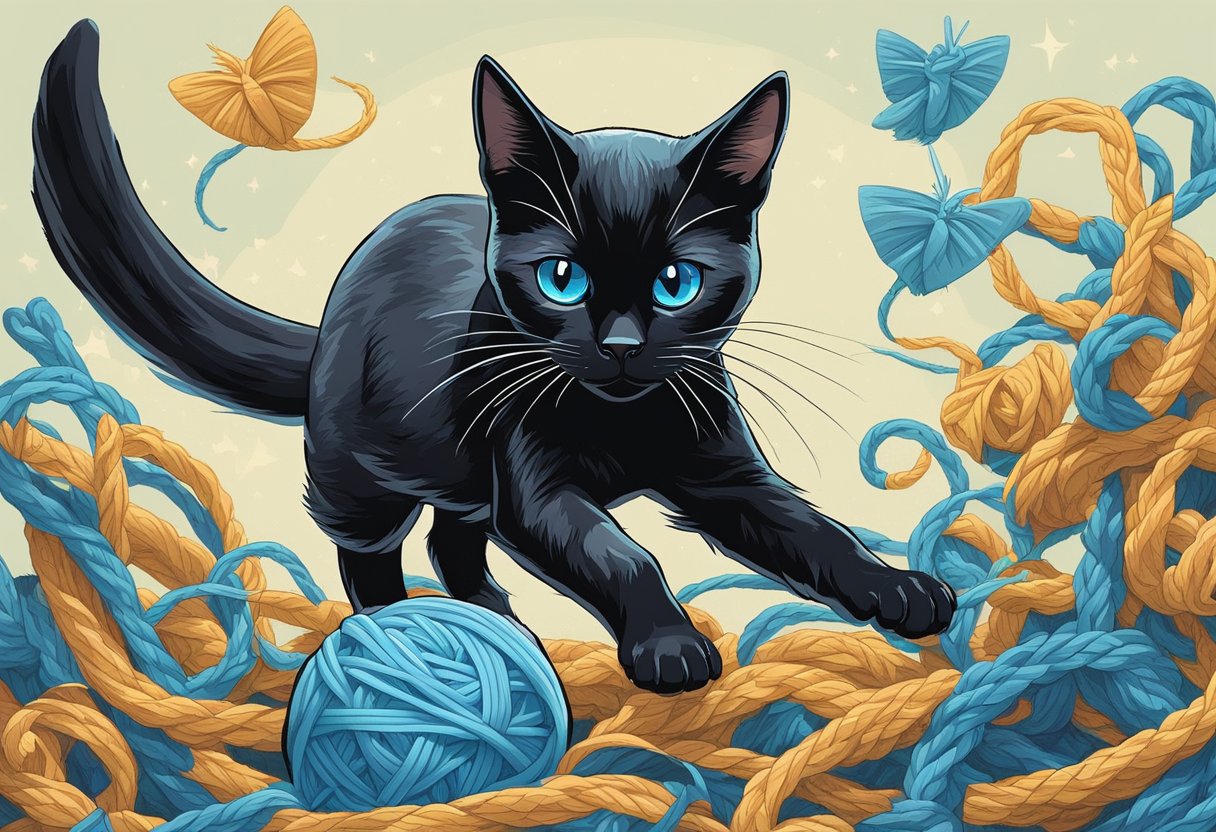 A mixed black Siamese cat plays with a ball of yarn, its tail twitching with excitement. The cat's bright blue eyes sparkle as it pounces and bats at the toy, emitting a playful "meow" with each movement