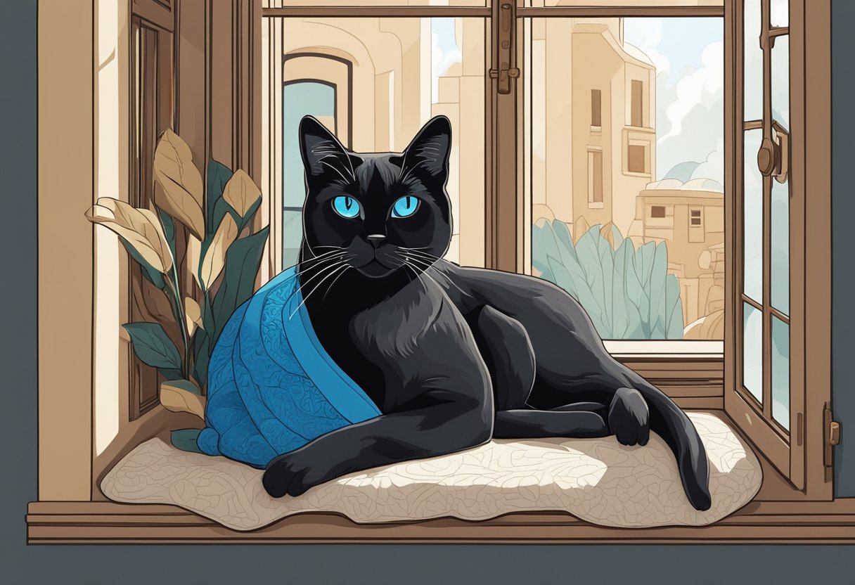 A mixed black Siamese cat lounges on a cozy window perch, gazing out at the world with bright blue eyes