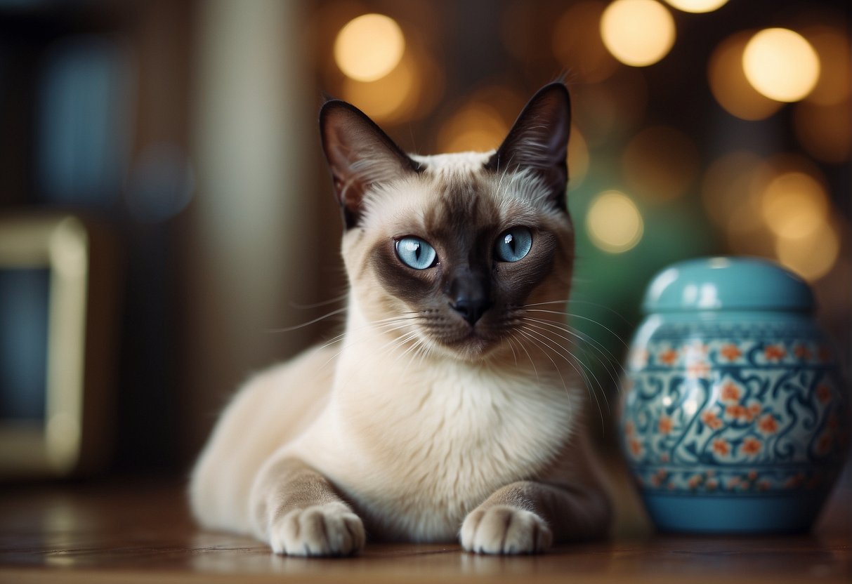 An Oriental Siamese cat with a mischievous expression surrounded by quirky quotes and oriental motifs