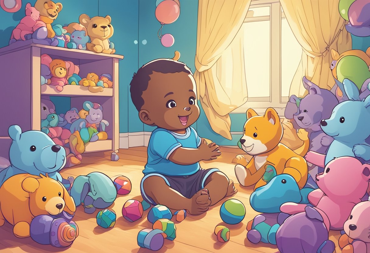 Ares, a baby, sits surrounded by toys and stuffed animals, giggling and reaching out to touch the colorful objects around him