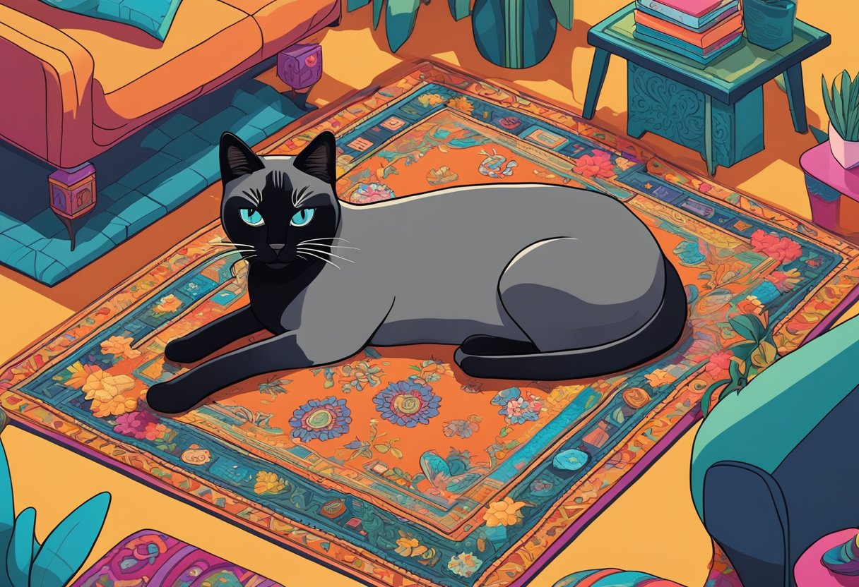 A mixed Siamese and black Siamese cat lounges on a colorful, mismatched rug surrounded by an array of eclectic furniture and decor