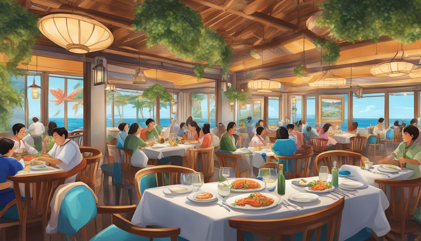 The bustling seafood restaurant is filled with the aroma of sizzling dishes and the sound of clinking utensils. Tables are adorned with steaming plates of fresh seafood and colorful vegetables, creating a vibrant and lively atmosphere