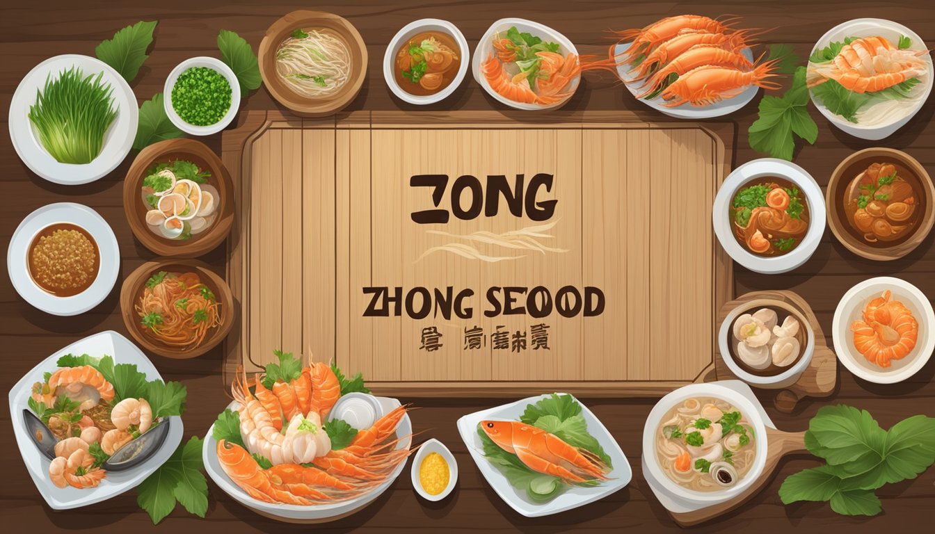 The menu and specialties of Zhong Tai Seafood Restaurant are displayed on a wooden board, surrounded by fresh seafood and exotic ingredients