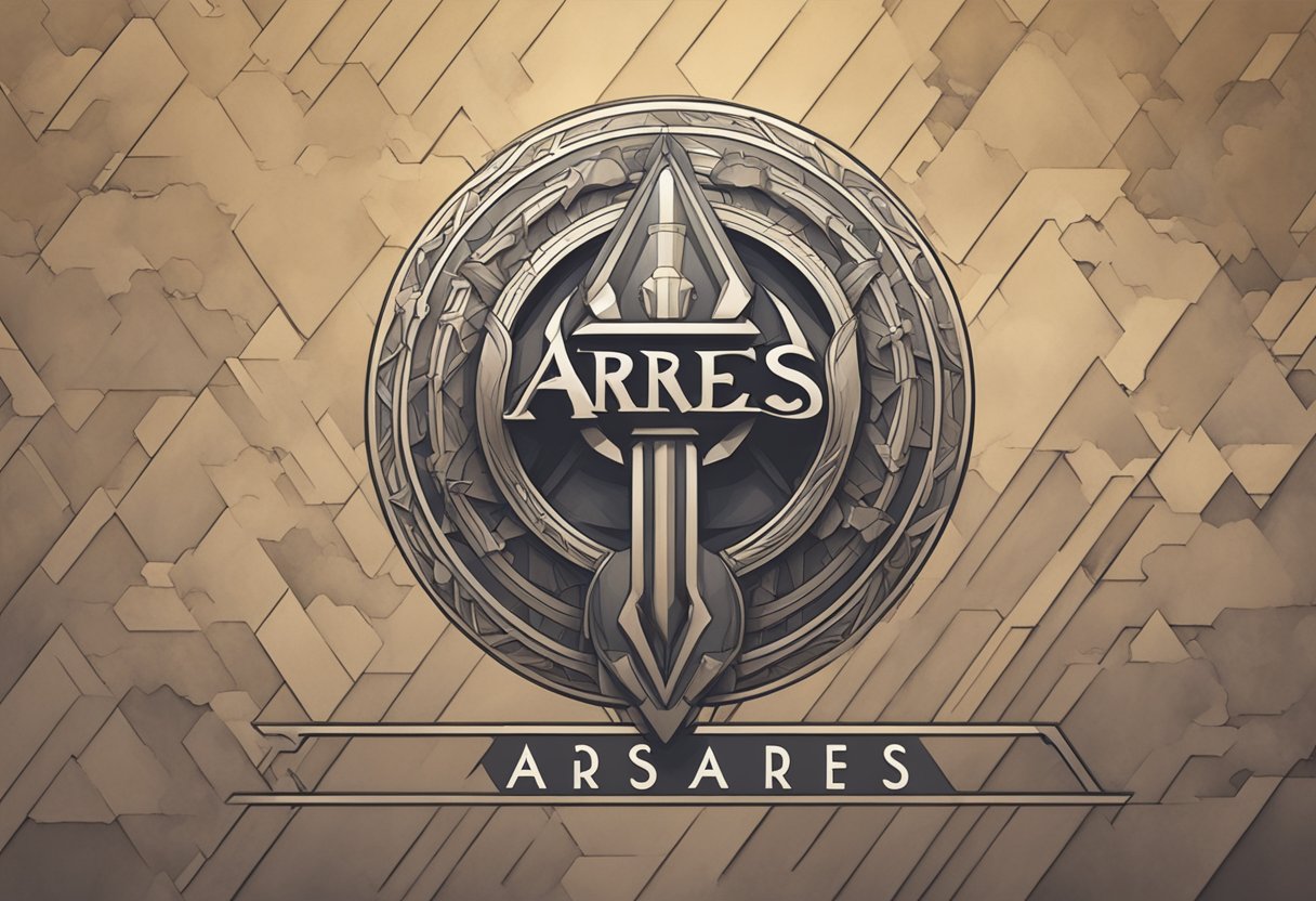 Ares symbol in modern culture: A baby's name "Ares" written in bold, modern font with a subtle background of war-related imagery