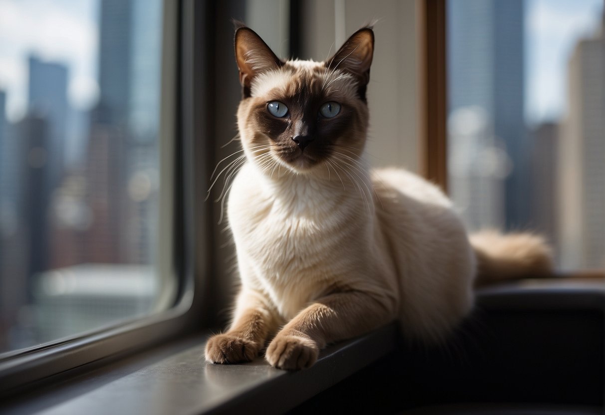 A short-legged Siamese cat sits on a cushioned window seat, gazing out at the city skyline with a curious expression