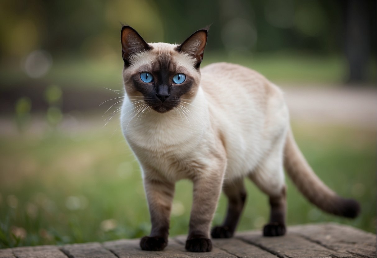 A short-legged Siamese cat stands proudly, with its sleek body and striking blue eyes. Its pointed ears and distinctive coat markings reflect its ancient origins