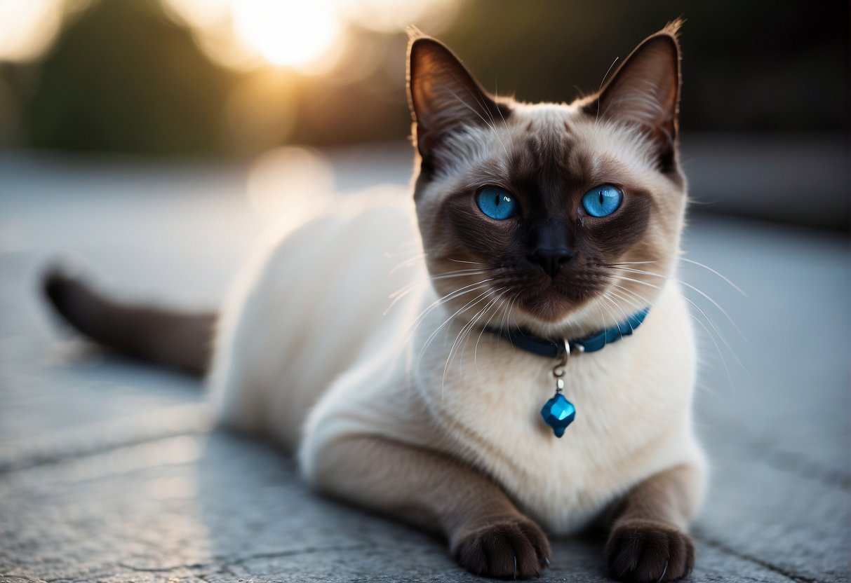 A short-legged Siamese cat stands tall with piercing blue eyes, sleek fur, and distinctive color points on its ears, face, paws, and tail