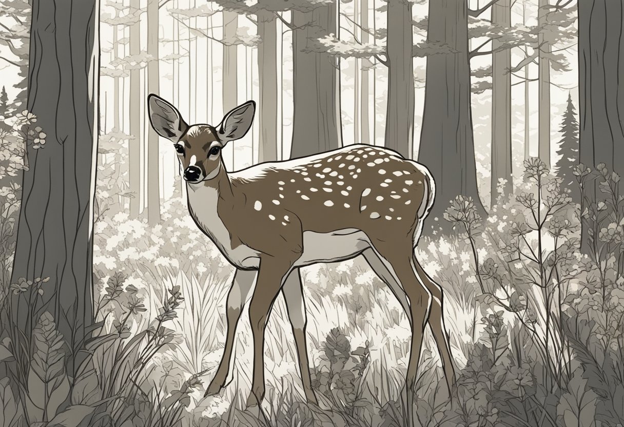 A small, delicate fawn with dappled fur stands in a sunlit forest clearing, surrounded by tall trees and wildflowers