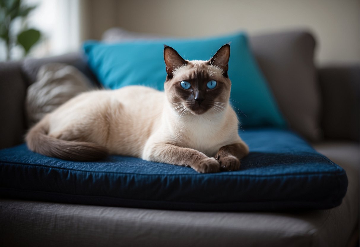 A short-legged Siamese cat lounges on a cushion, looking up with bright blue eyes. Its sleek coat and elegant posture exude grace and health
