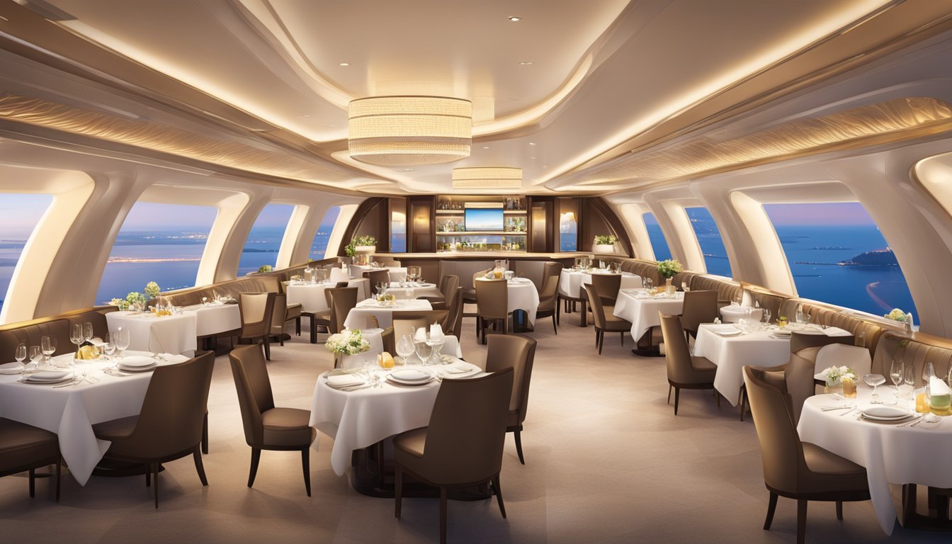 The A380 restaurant: elegant tables, soft lighting, panoramic views, and attentive staff serving gourmet meals to delighted guests