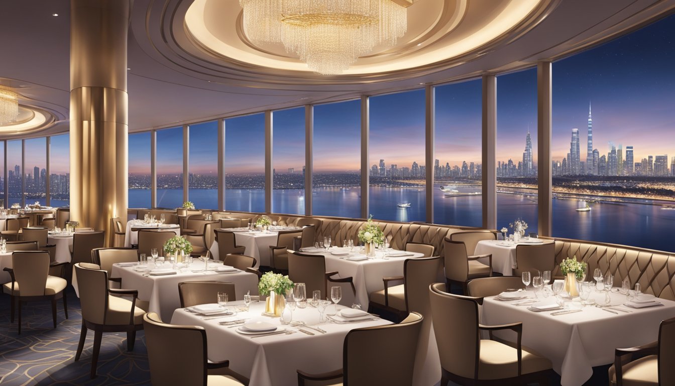 A bustling A380 restaurant with elegant decor, chic lighting, and a panoramic view of the city skyline. Tables are set with fine china and sparkling glassware, while the open kitchen buzzes with activity