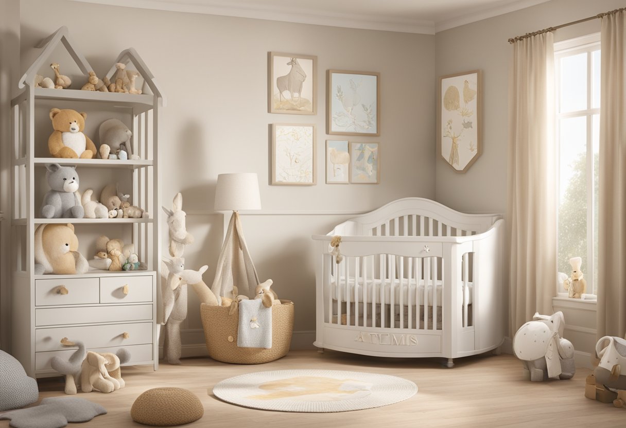 A nursery with neutral colors and animal-themed decor, featuring a name plaque with "Artemis" in playful lettering