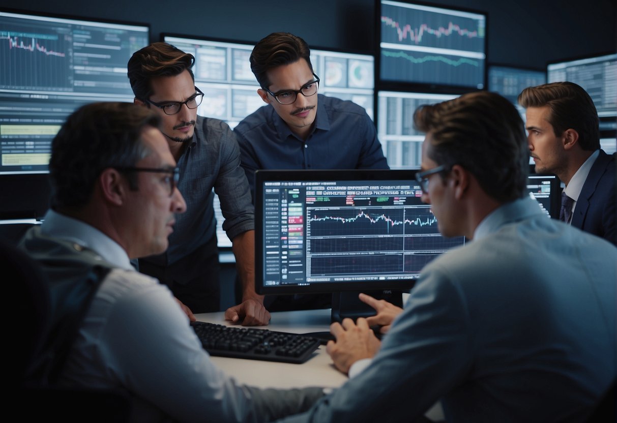 A group of traders gather around a computer screen, discussing and analyzing data, while a trading bot algorithm runs in the background