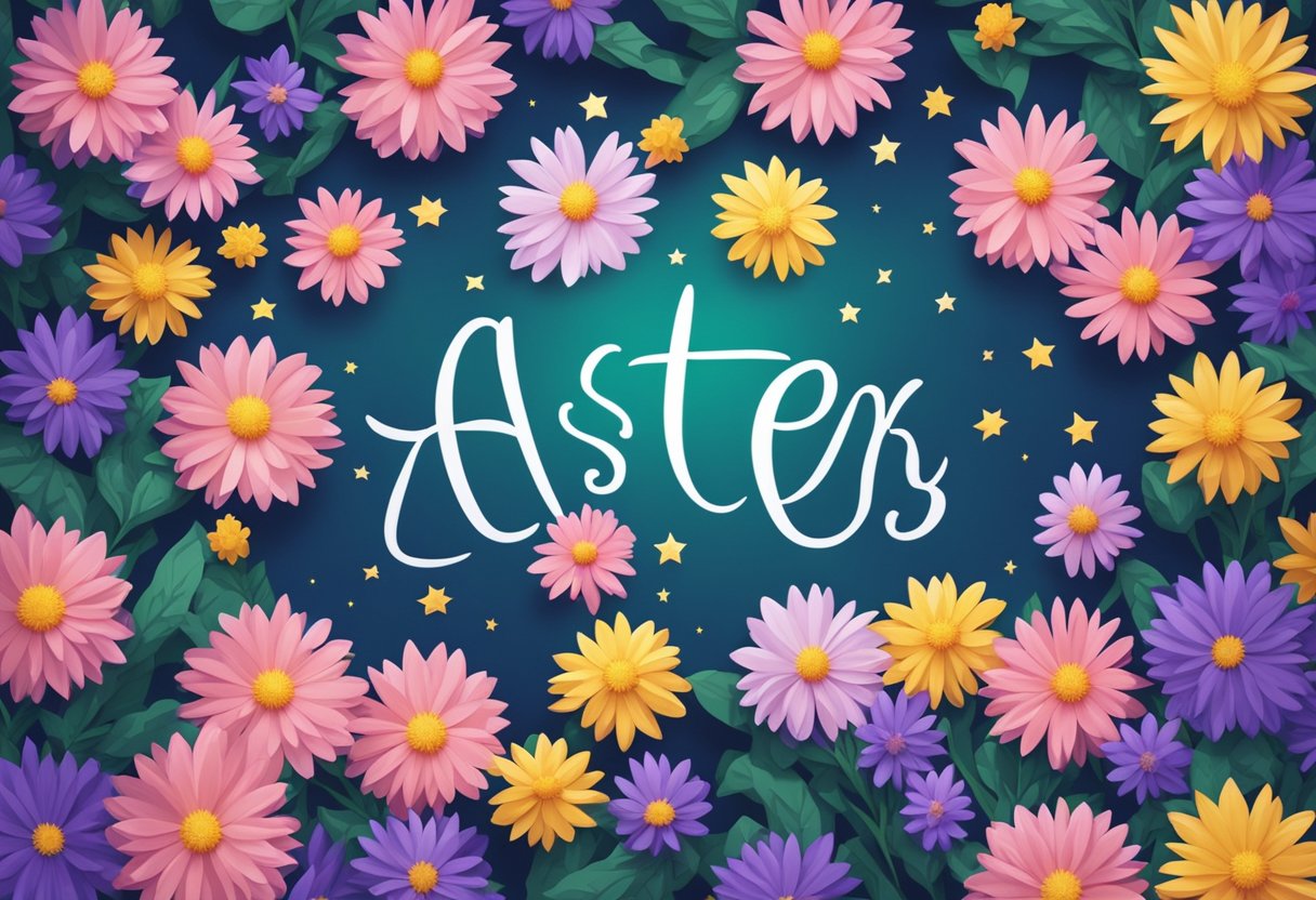 Aster's name written in colorful letters on a nursery wall, surrounded by delicate flowers and twinkling stars