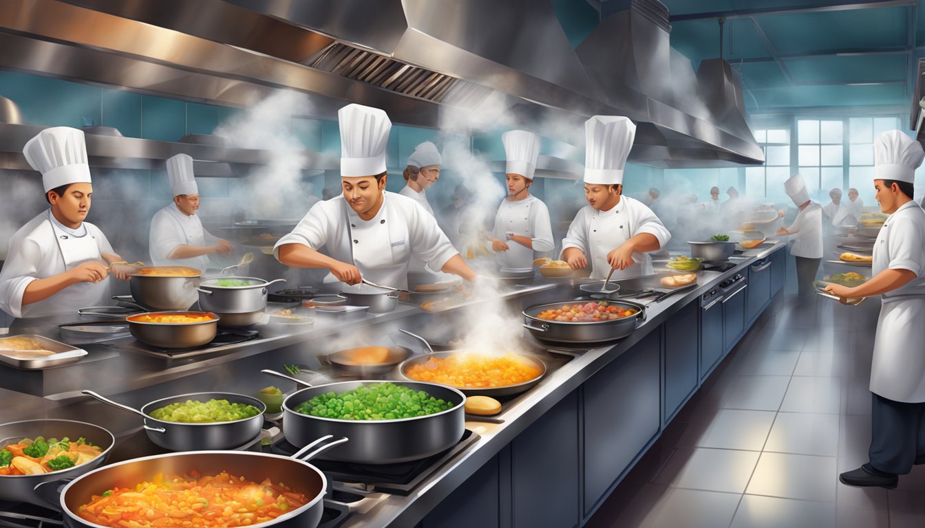 A bustling restaurant kitchen with chefs preparing a variety of colorful and aromatic dishes, steam rising from pots and pans, and the sound of sizzling and chopping filling the air