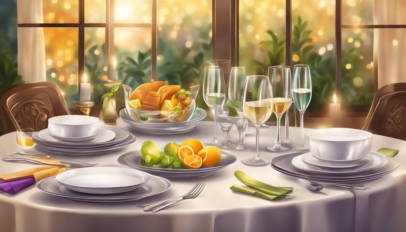 A table set with elegant dishes and glasses, surrounded by warm lighting and colorful decor